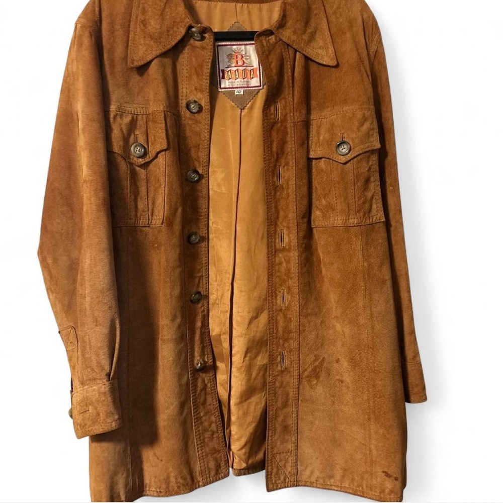 Vintage 1970s Honey Brown Genuine Suede Button Up Jacket With Gold Satin Lining